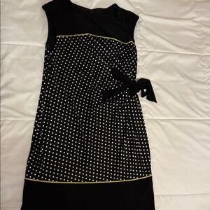 R&K Black and White Polka Dot Midi Dress with Gold Trim